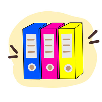 Three colorful ring binder folders in blue magenta and yellow, cartoon doodle style vector illustration isolated on white background.
