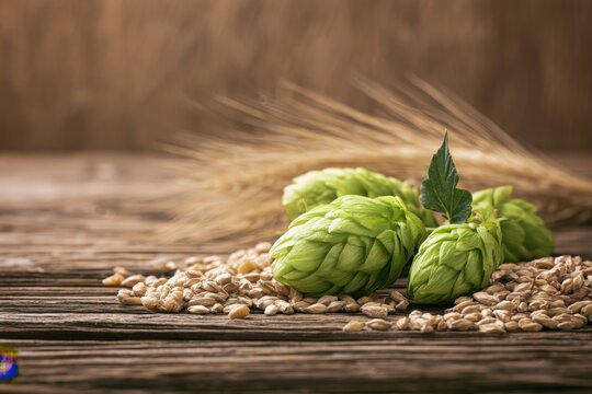 Fresh green hop cones with textured leaves arranged on barley grains over rustic wooden boards against dried wheat, botanical ingredient still life with warm natural tones