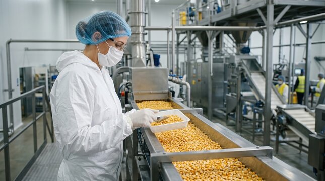 female quality control worker inspecting corn grain samples on a conveyor belt in a food factory.