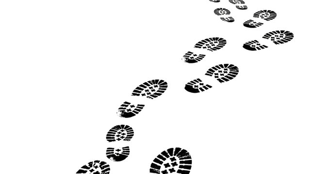 A series of boot footprints create a trail on transparent background bootprints tracks imprints sole tread footwear walking footing pathway journey adventure exploration