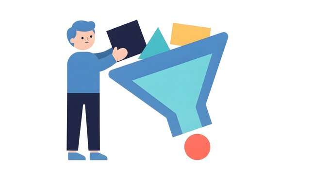 Data filtering and sales funnel processing concept with man putting geometric blocks into big funnel vector illustration