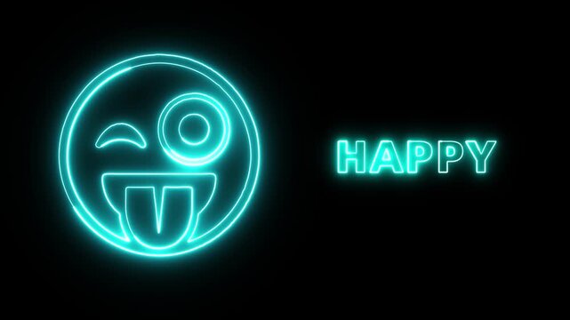 Glowing Neon Emoji Winking with Tongue Out and Happy Text Caption for Digital Expression