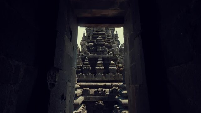 View Through Doorway of Ancient Stone Temple Steps and Platforms