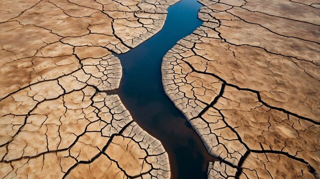 Aerial view of a narrow blue river flowing through severely cracked dry land