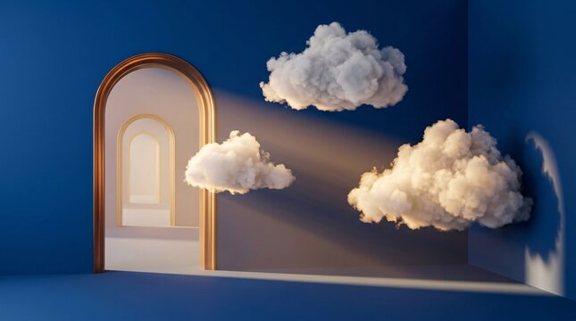 Surreal interior room with floating white clouds and golden archway