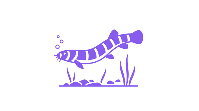 Purple loach fish swimming near aquatic river plants.