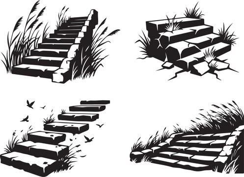 Vintage stone stairs vector set, rustic outdoor stone steps with wild grass, hand drawn garden staircase illustrations, black and white rock path