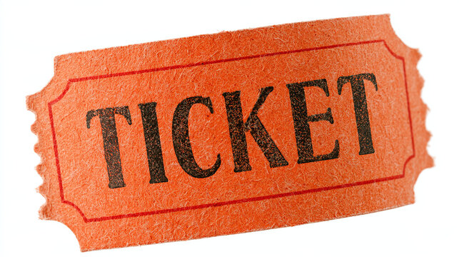 Single orange admission ticket isolated on white background for events