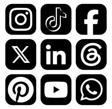Set of black popular social media app icons, such as Instagram, TikTok, Facebook and others, on transparent background, vector illustration. Social media concept