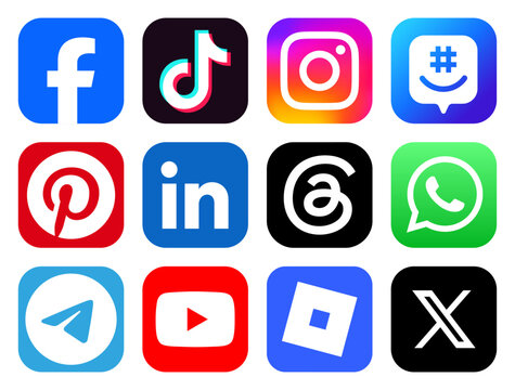 Set of popular social media app icons, such as Facebook, Pinterest, Instagram and others, on transparent background, vector illustration. Social media concept