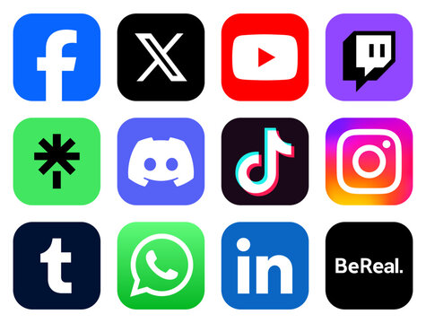 Set of popular social media app icons, such as Tumblr, Facebook, X and others, on transparent background, vector illustration. Social media concept