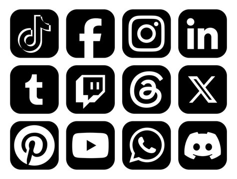 Set of black popular social media app icons, such as TikTok, Facebook, LinkedIn and others, on transparent background, vector illustration. Social media concept