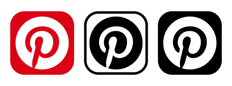 Set of different Pinterest App icons, isolated on transparent background, vector illustration. Pinterest is an American social media service for publishing and discovery of information