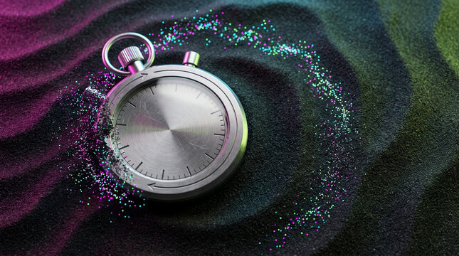 Silver stopwatch dissolving into colorful particles, time running out