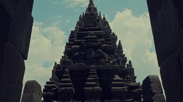 Symmetrical Low Angle View of Ancient Hindu Temple Spire Silhouette
