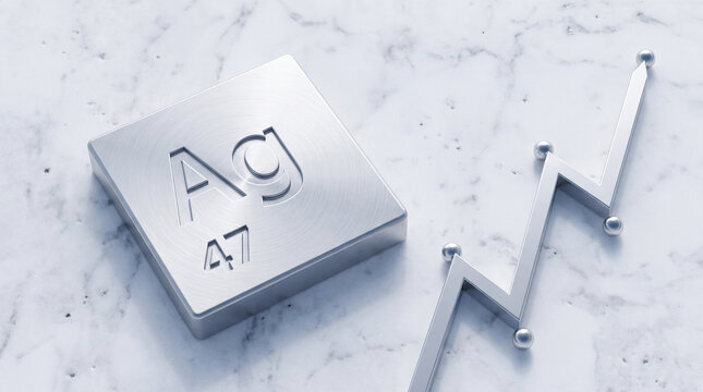 Silver element tile Ag 47 with rising metal chart on marble