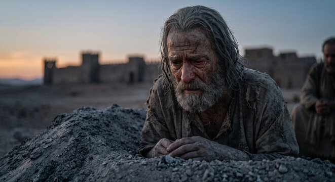 Job Sitting on the Ash Heap as His Friends Come to Comfort Him, Old Testament Biblical Story of Suffering and Faith
