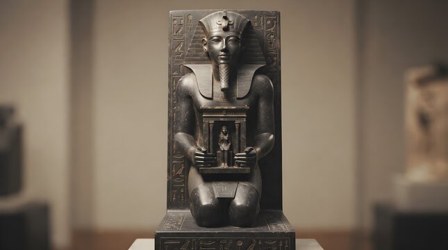 Ancient Egyptian black granite statue of a kneeling pharaoh holding a small shrine with a deity figure in a museum