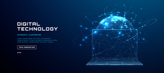 Naklejka na ściany i meble Digital globe with network connections on laptop screen. Global business technology concept with world map data visualization and futuristic blue interface design. Vector illustration