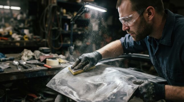 Mechanic in safety goggles sands a dented car door panel with body filler tools in an autobody repair shop.