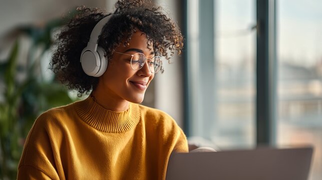Smiling Young Woman Wearing Headphones Working on Laptop at Home