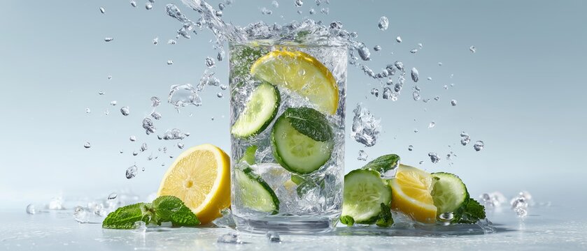 Fresh Detox Water Splash with Lemon Cucumber and Mint