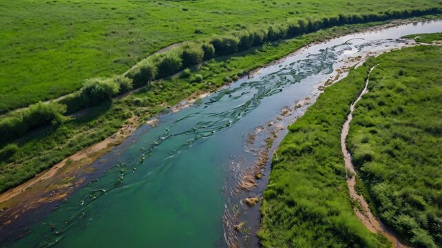 Aerial View of Winding River Flowing Through Lush Green Meadow Landscape