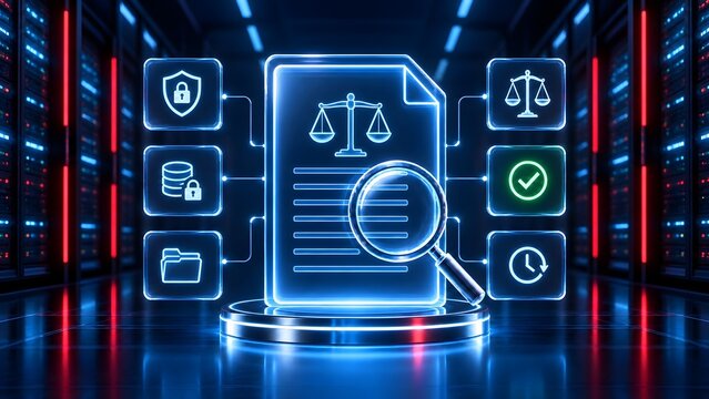 Illuminated digital document with legal scales and magnifying glass symbolizing cyber law compliance and secure data auditing