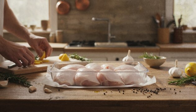 Couple prepping raw chicken thighs in sunlit kitchen