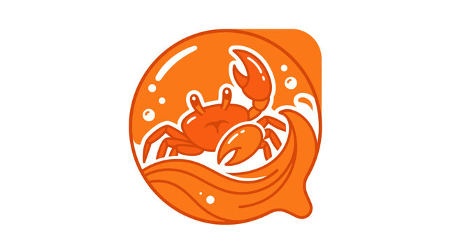Orange circular crab logo icon in water waves.
