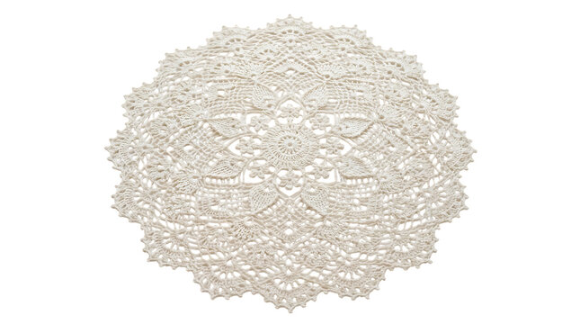 Intricate crochet doily with delicate lace patterns and floral motifs is displayed on transparent background motif ornament pattern textile fiber thread handmade craft