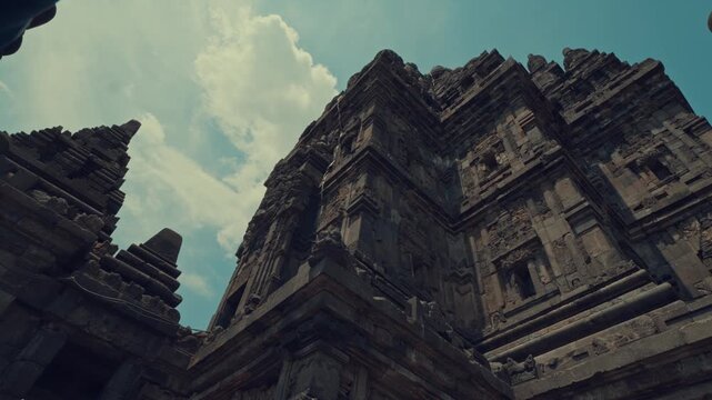 Low Angle View of Majestic Ancient Stone Carvings at Prambanan Temple