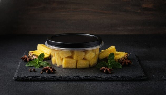 Dramatic pineapple chunks on dark slate