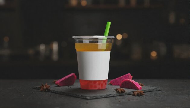 Elegant golden bubble tea with a white label in a moody lounge setting
