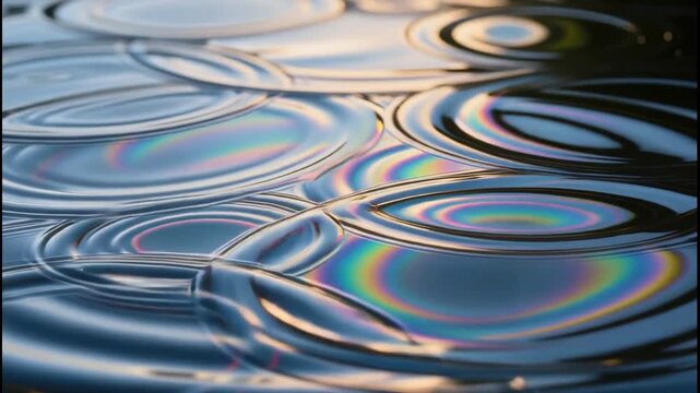 Raindrops creating concentric ripples and iridescent oil slick patterns on dark water surface