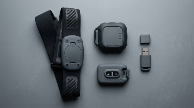 Sports technology laid out on grey studio background: heart rate chest strap, gps tracker pod, muscle oxygen sensor and calibration dongle.