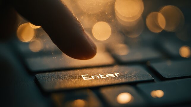 A finger pressing the enter key on a black backlit keyboard with golden bokeh lights. Great for software engineering and IT concepts.