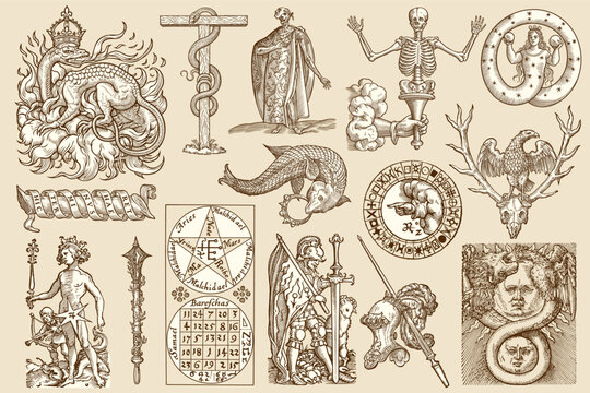 monochrome line-art Collection of esoteric and occult symbols vector engravings, including a skeleton rising from clouds, astrological magic squares, and mystical symbols