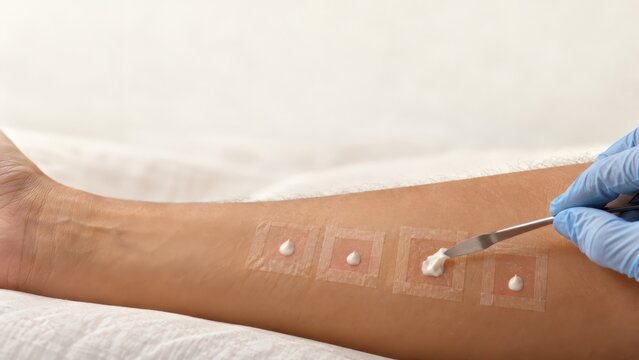 Technician applying cream samples to marked test areas on a forearm, dermatological skin compatibility test with copy space