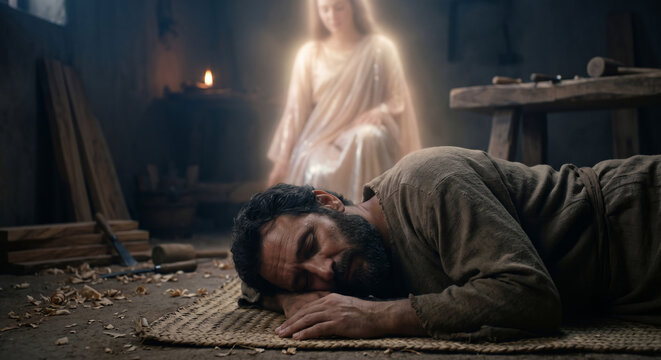 Joseph Dreaming of an Angel Reassuring Him About Mary and the Birth of Jesus, Matthew 1 Biblical Story
