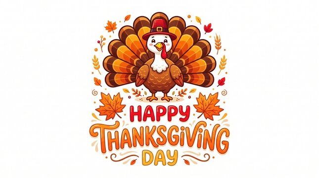 Happy Thanksgiving Day text with cute cartoon turkey and autumn leaves isolated on white background vector illustration