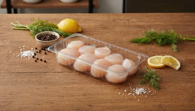 Fresh sea scallops in clear punnet with citrus and herbs