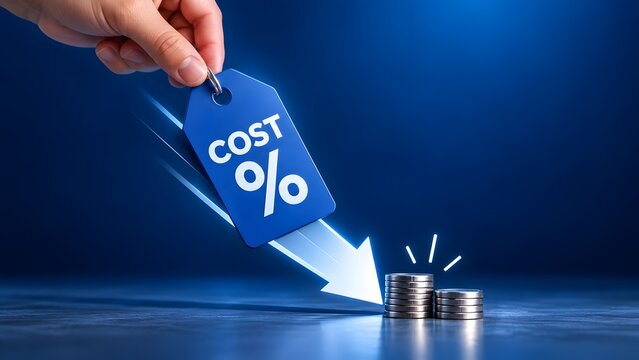 Cost reduction concept with hand holding blue percentage discount tag and downward arrow over stacked coins for financial savings
