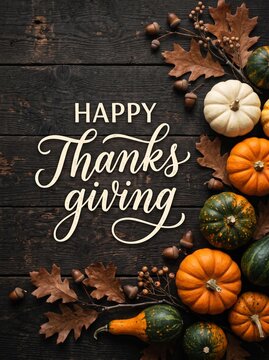 A top-down view of a Thanksgiving greeting featuring pumpkins and autumn leaves on a dark wooden background