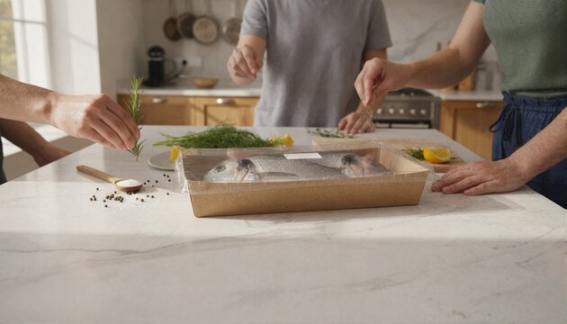 Friends preparing fresh seabream in a bright kitchen