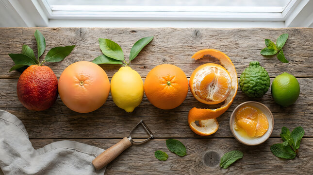 A collection of citrus fruits including blood orange grapefruit lemon and lime rests on weathered wood oranges lemons