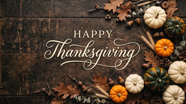 Happy Thanksgiving greeting with autumn pumpkins, gourds, leaves, and acorns on dark rustic wooden background, flat lay composition for seasonal harvest holiday celebration.