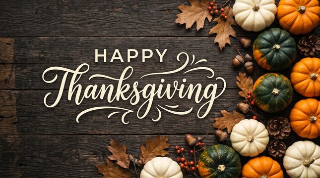 Happy Thanksgiving greeting card design with colorful pumpkins and autumn leaves on rustic dark wooden background