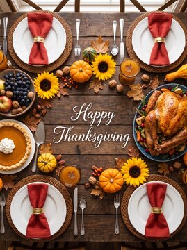 A flat lay of a Thanksgiving table with a roasted turkey, pumpkin pie, small pumpkins, sunflowers, autumn leaves, grapes, and white plates with red napkins.