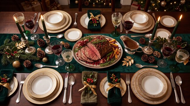 Christmas Dinner Table Setting with Roast Beef and Wine